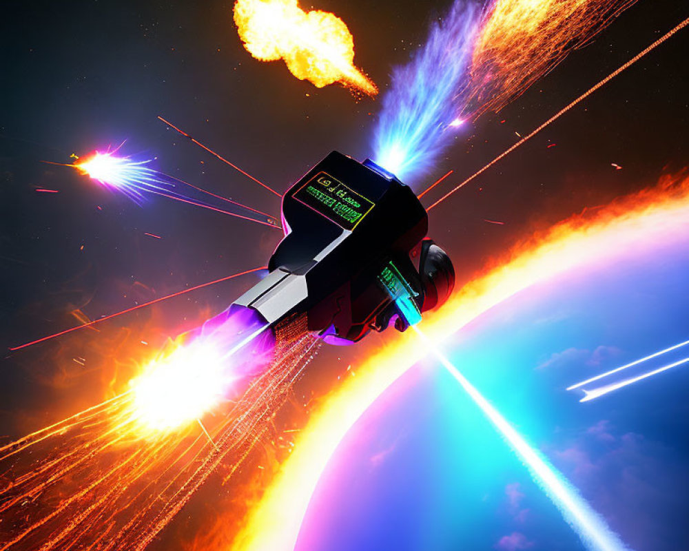 Colorful Space Scene: Stylized Spacecraft, Explosions, and Laser Beams