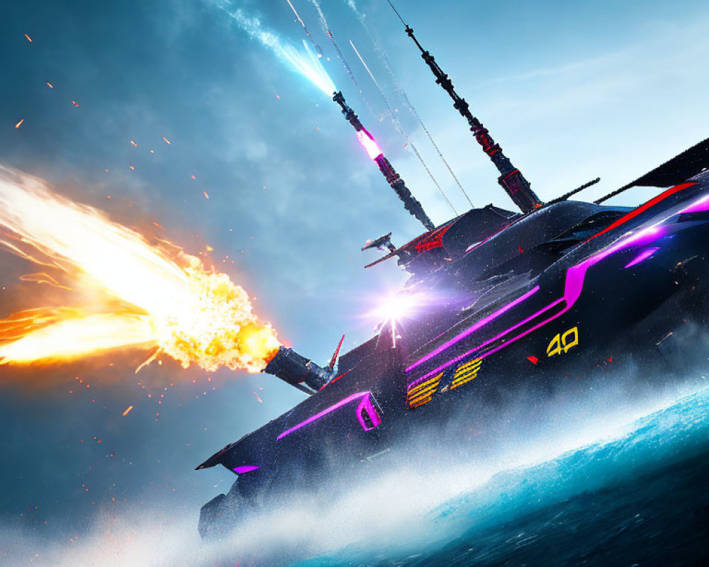 Futuristic battleship firing bright blast with neon highlights