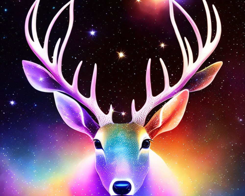 Colorful Cosmic Background with Glowing Antlered Deer