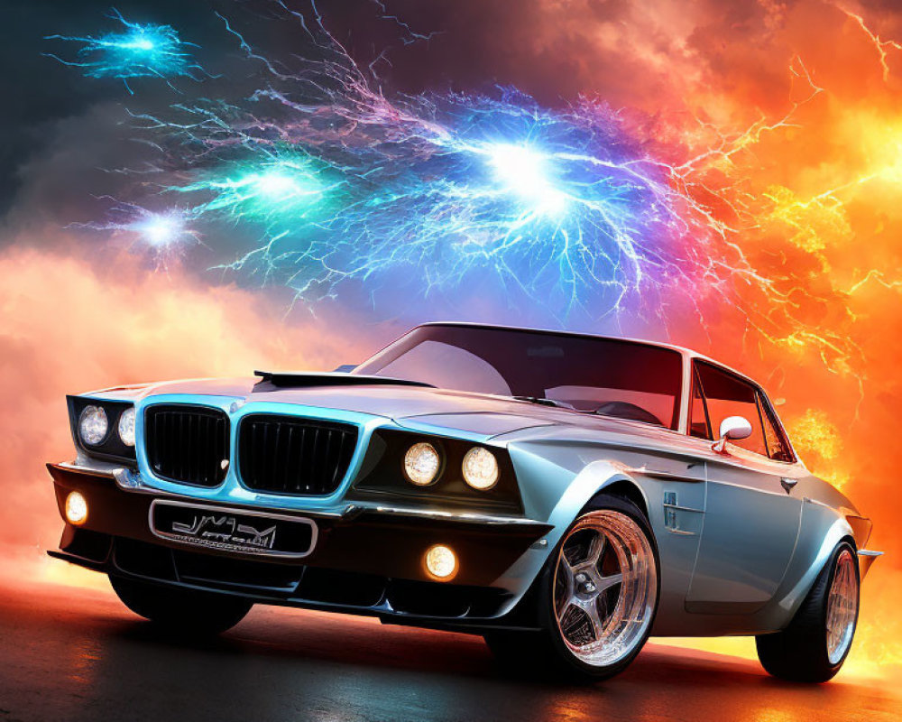 Vintage BMW Car with Dramatic Lighting and Colorful Sky Discharge