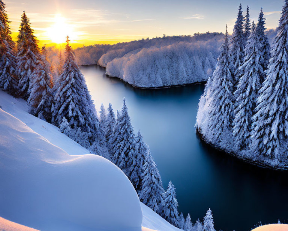 Snow-covered forest at sunrise with serene river and warm sunlight