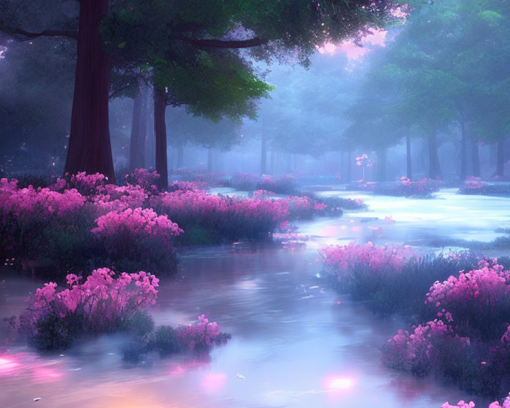 Serene river in misty forest with pink flowers at dawn