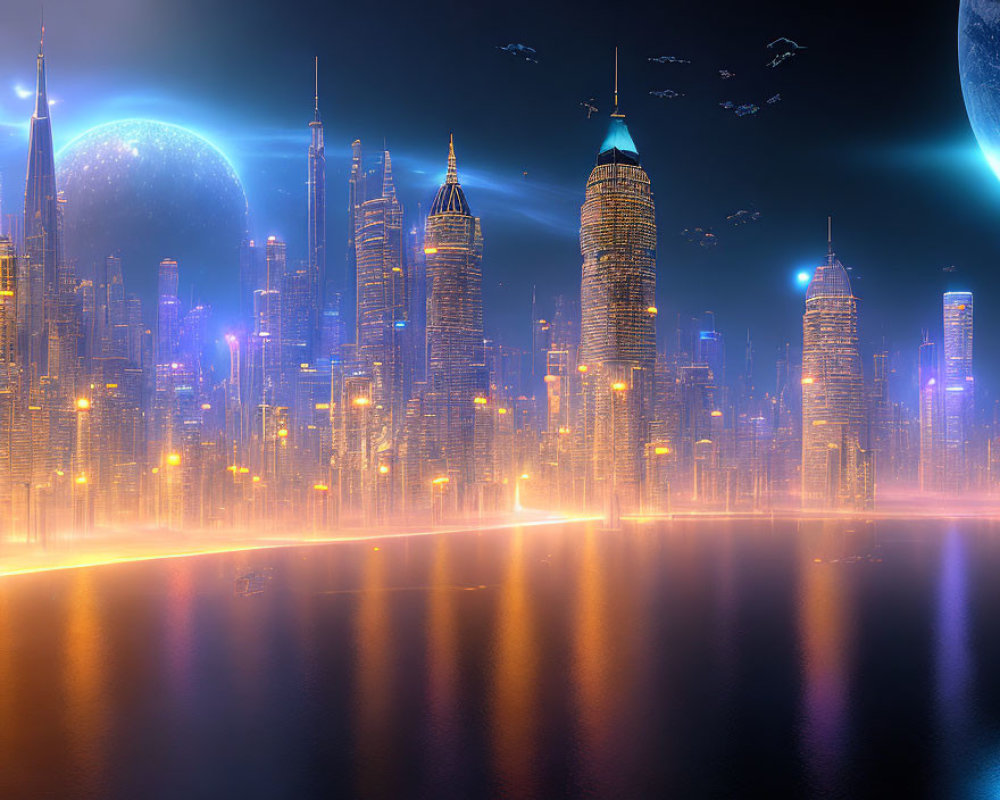 Nighttime futuristic cityscape with skyscrapers, moons, and flying vehicles.