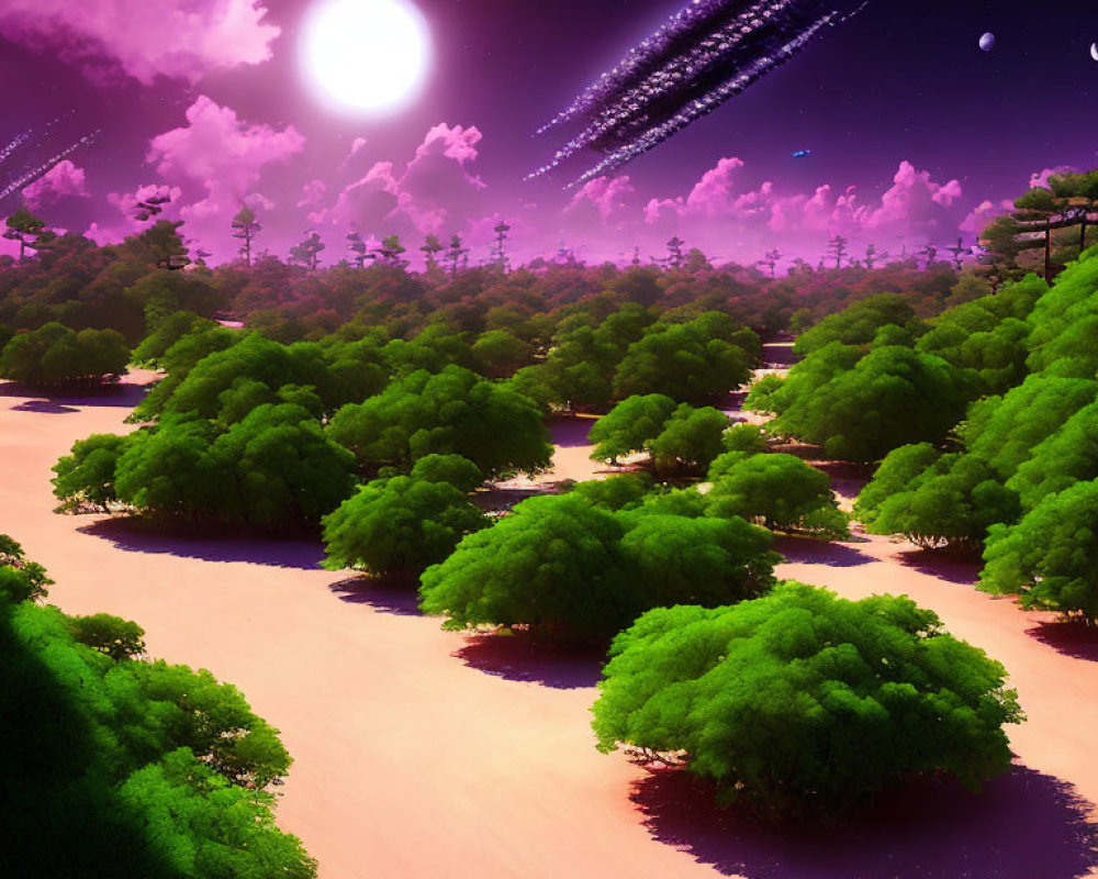 Forest under pink sky with moon, stars, and comet trails by riverbank
