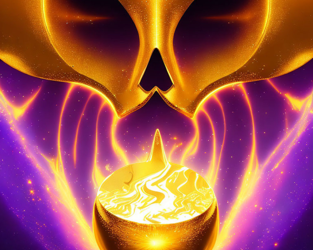 Abstract digital artwork: Golden mask with purple accents and fiery orb on dark background