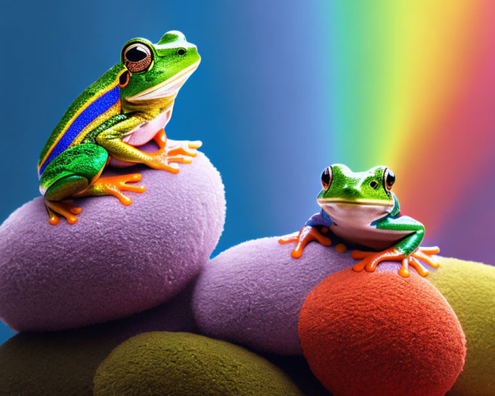 Colorful Frogs on Vibrant Spheres Against Rainbow Backdrop