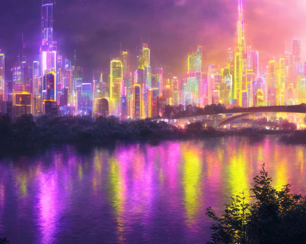 Futuristic cityscape at dusk with neon-lit skyscrapers and colorful sky