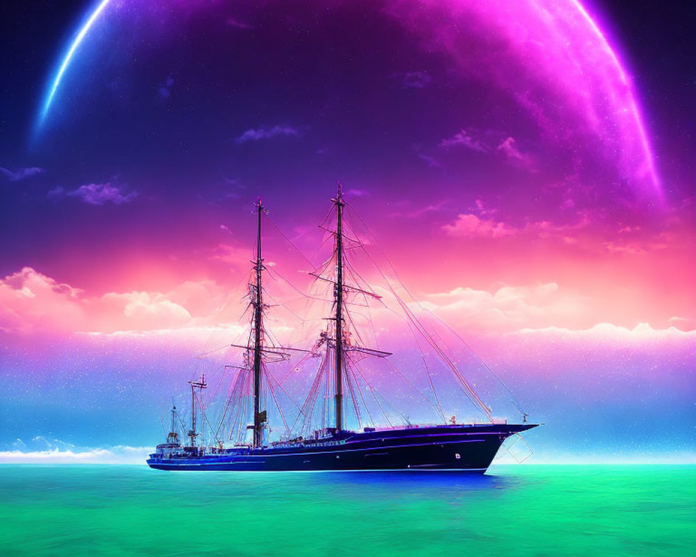 Tall ship sailing on vivid turquoise sea under surreal sky