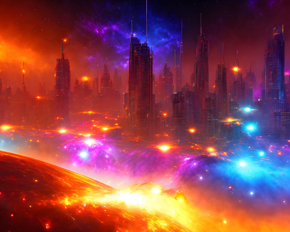 Futuristic sci-fi cityscape with alien sky and cosmic clouds