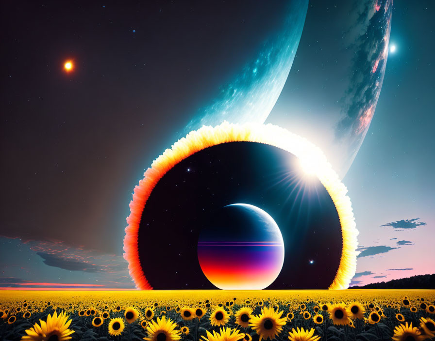 Surreal landscape: Sunflowers, starry sky, ringed planet, moons, fiery eclipse