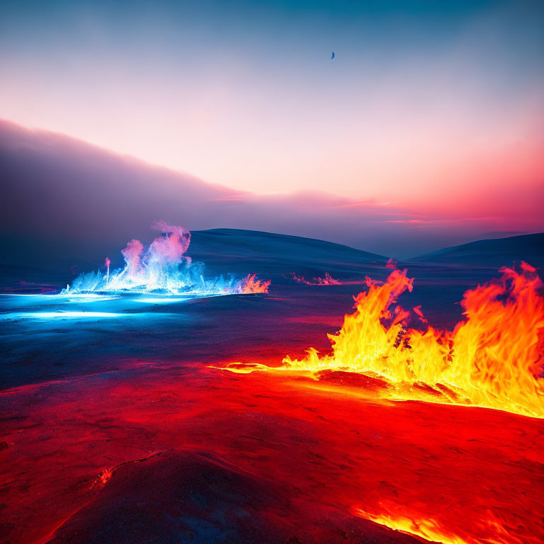 Vibrant lava flows, blue flames, twilight sky, crescent moon