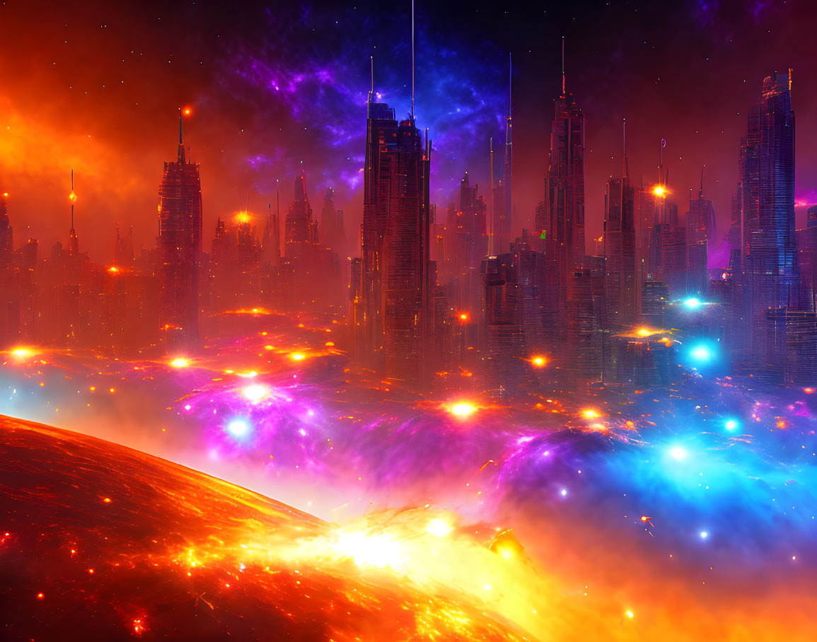 Futuristic sci-fi cityscape with alien sky and cosmic clouds