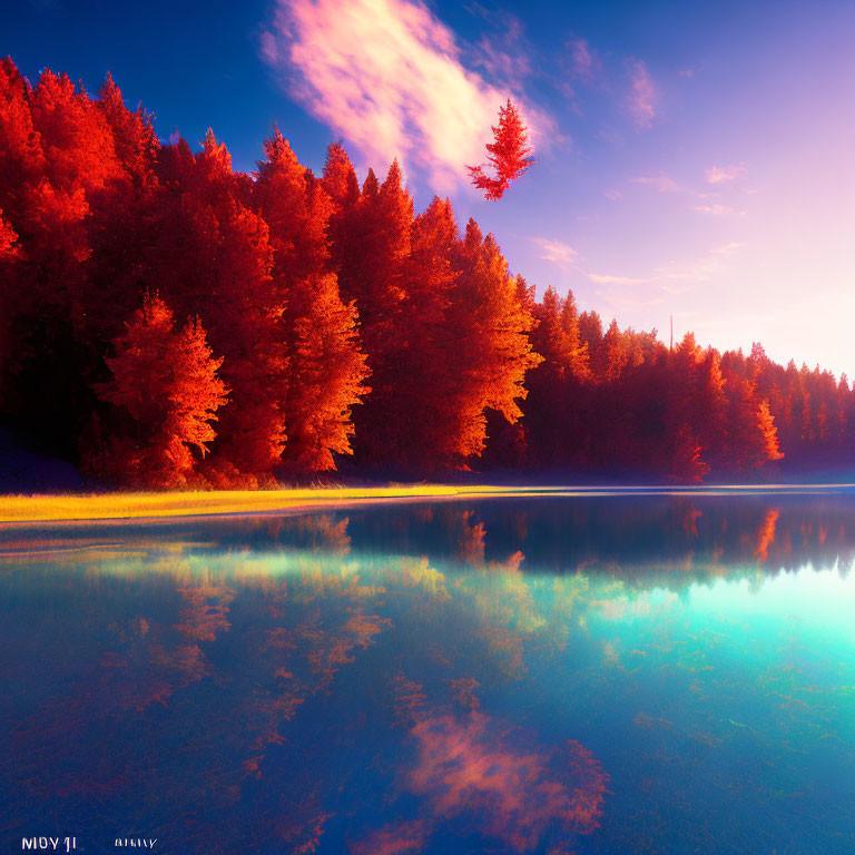 Autumn forest reflected in serene lake under blue sky