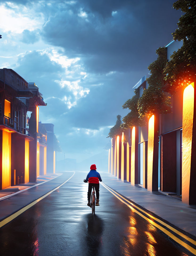 Cyclist in red jacket rides on wet urban street at dusk