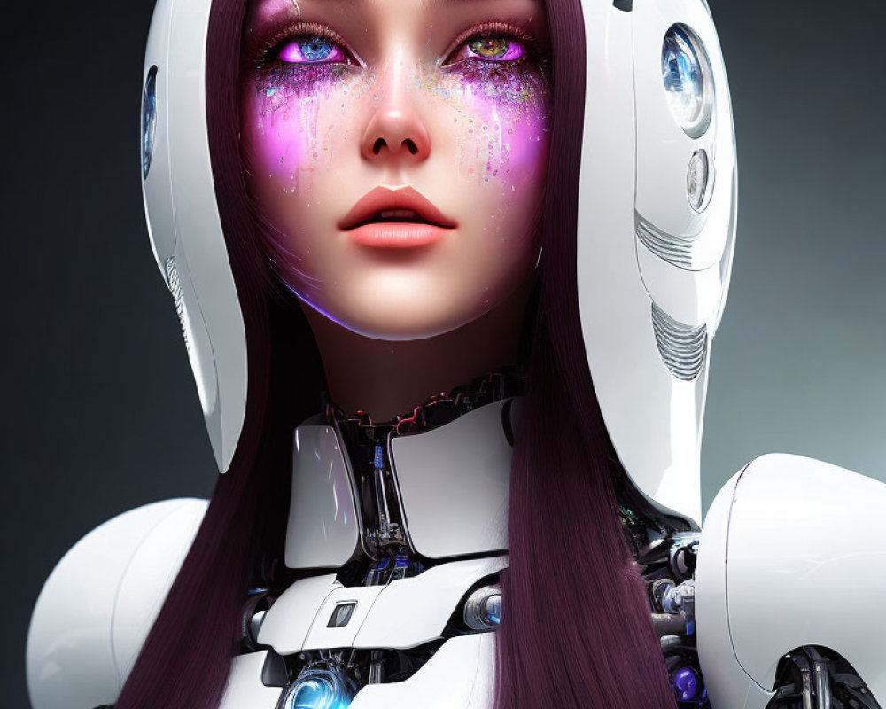 Female android digital art with galaxy makeup and futuristic helmet