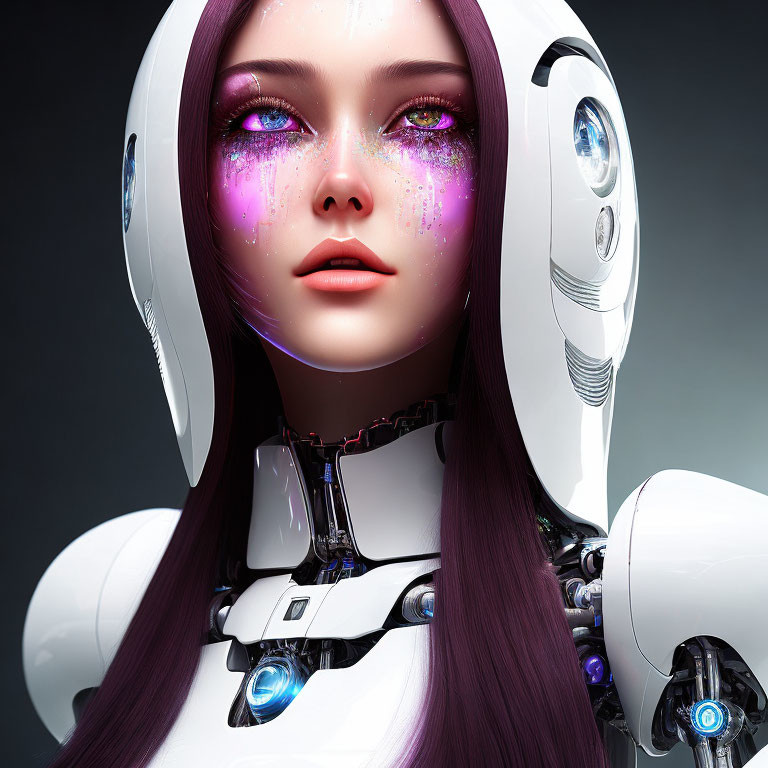 Female android digital art with galaxy makeup and futuristic helmet