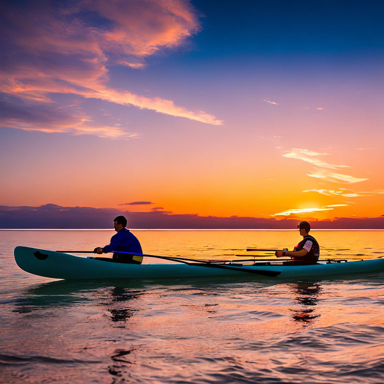 Kayaking duo on serene water under vibrant sunset glow