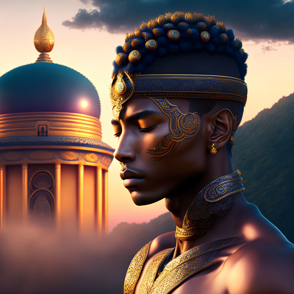 Young man with golden jewelry and facial markings in temple setting at sunset
