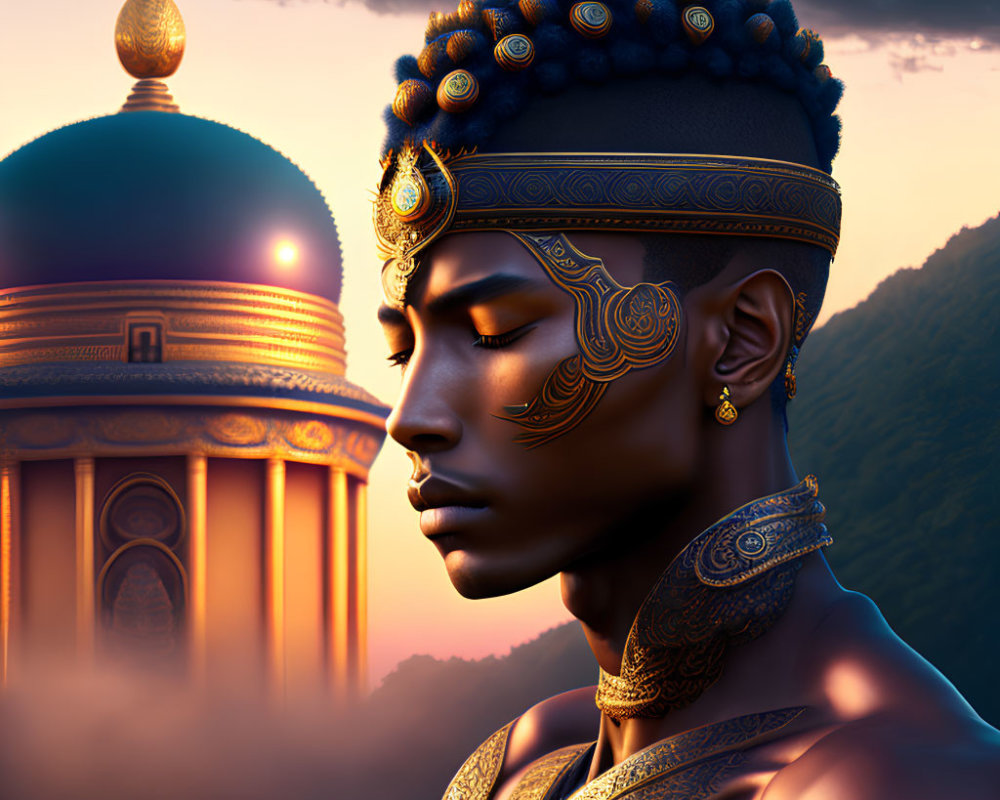 Young man with golden jewelry and facial markings in temple setting at sunset