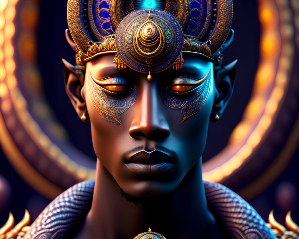 Digital artwork: Blue-skinned person with golden headgear, tribal markings, and glowing third eye.