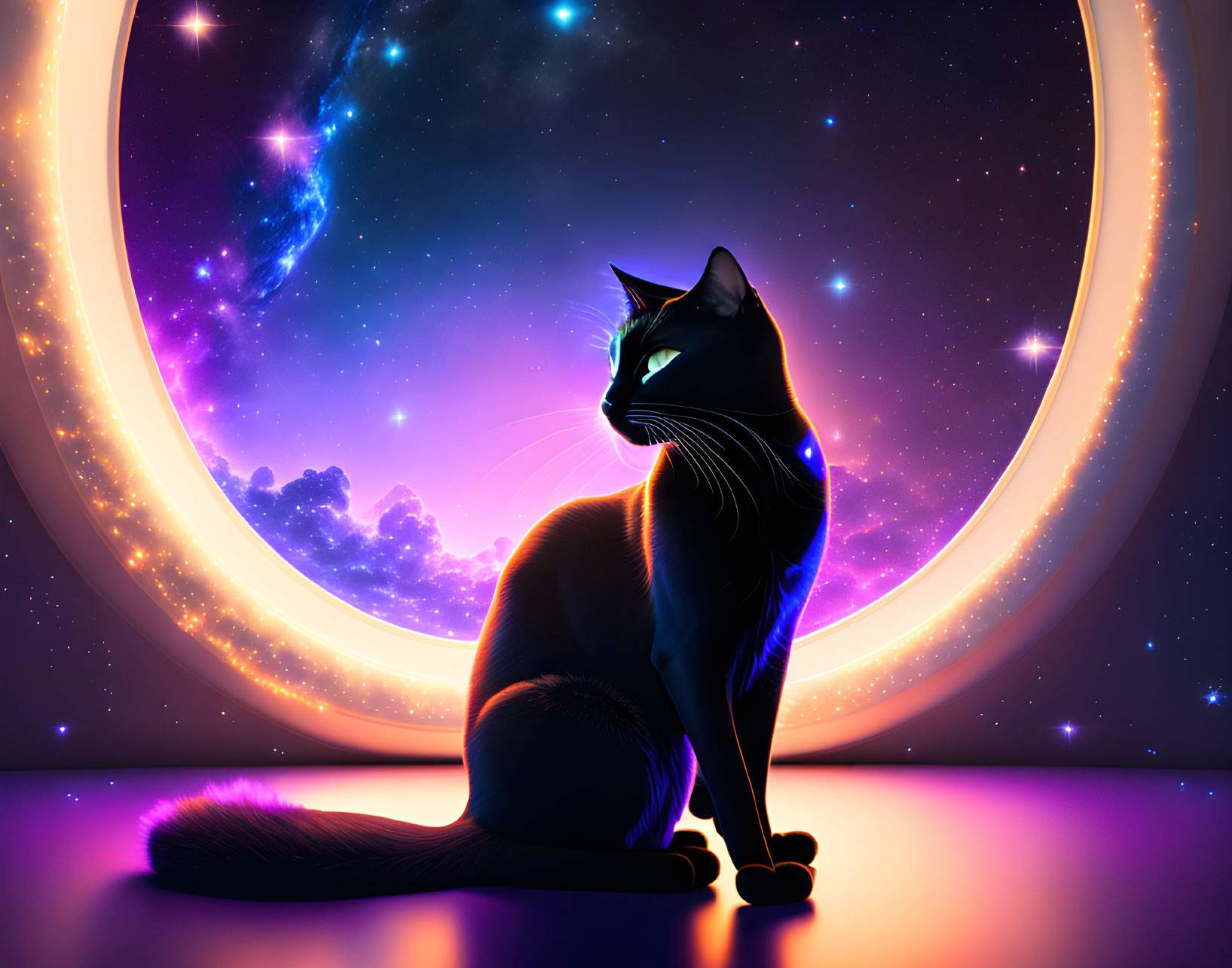 Black Cat in Futuristic Setting with Cosmic Window View