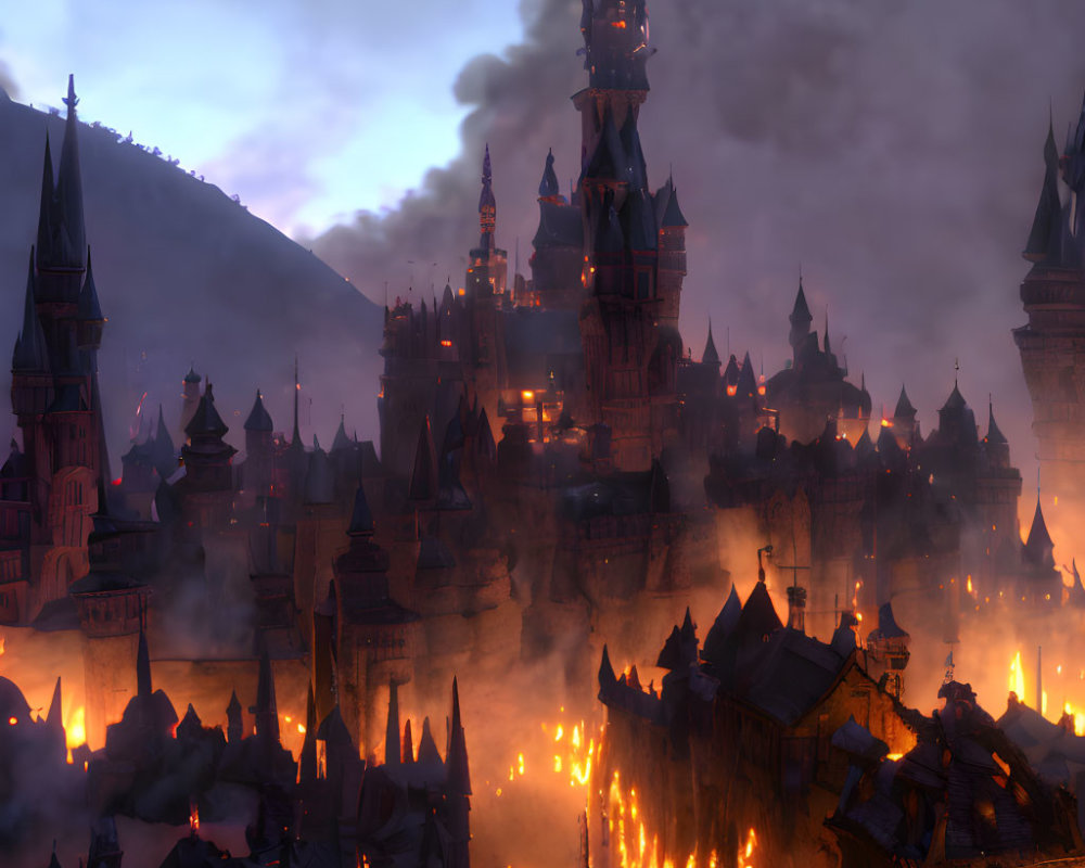 Fantasy cityscape at dusk with illuminated windows and soaring spires