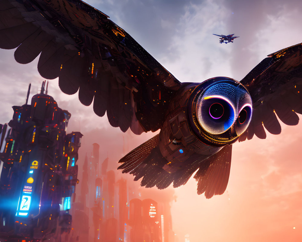 Detailed mechanical bird flying over futuristic city at sunset
