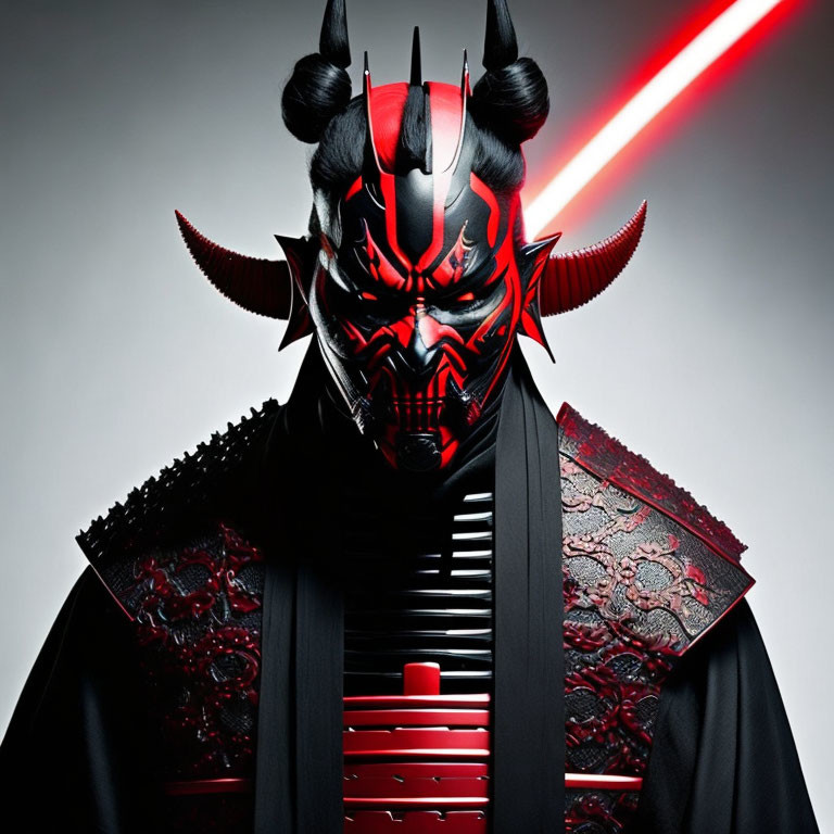 Samurai-inspired costume with demon-like helmet holding red lightsaber