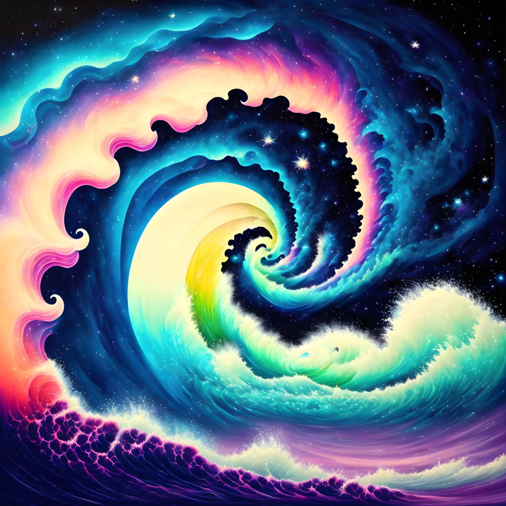 Colorful neon cosmic wave art against starry background
