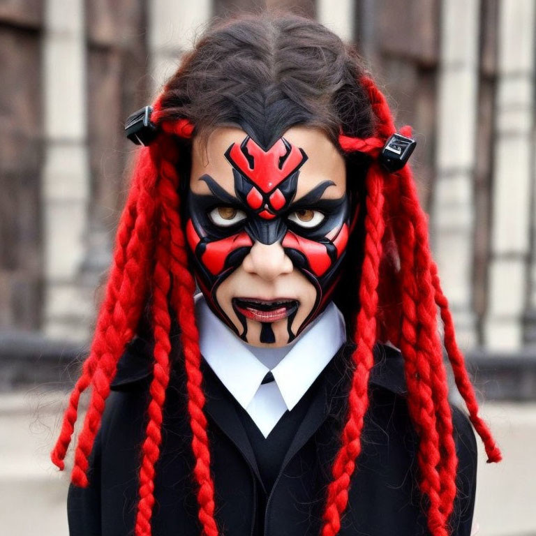 Dramatic red and black face paint with red braided hair extensions pose.