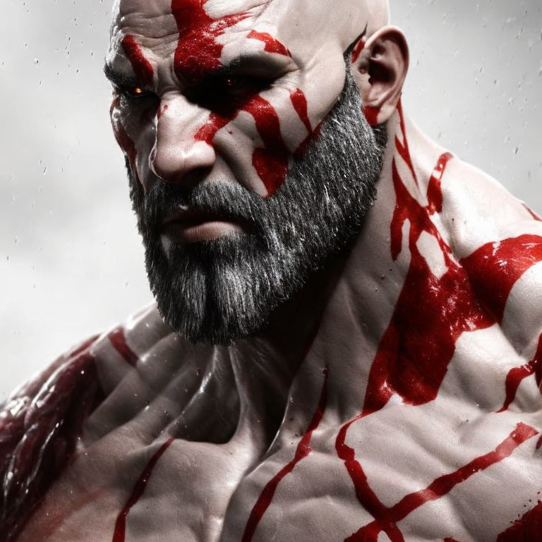 Intense warrior portrait with red paint on face and body