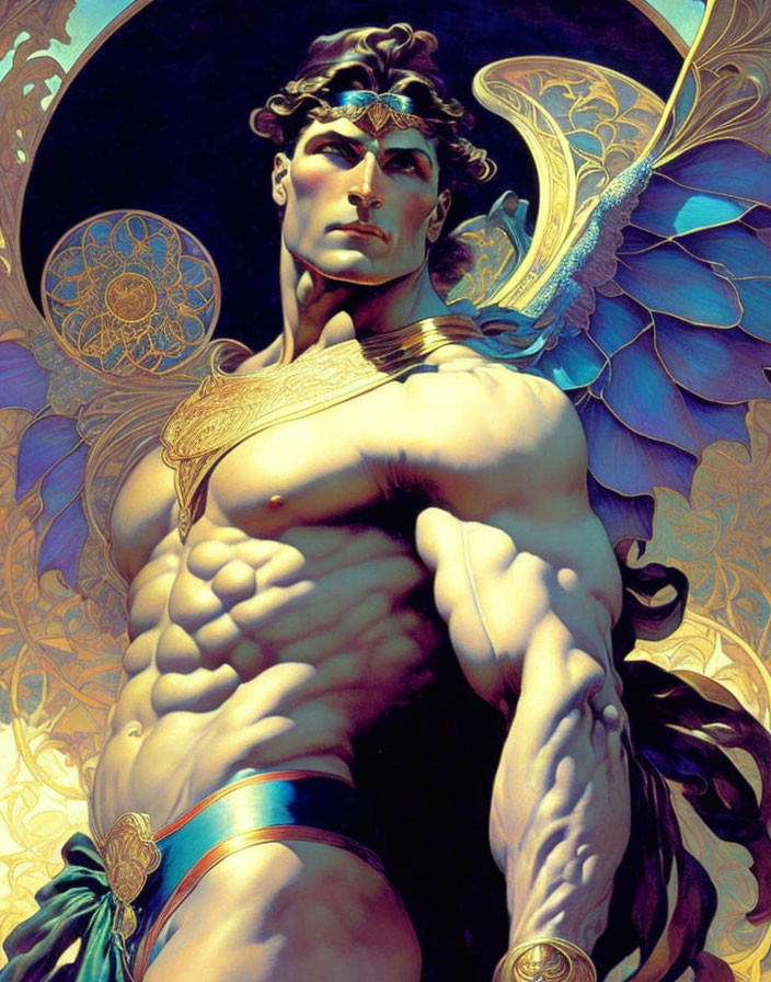 Muscular male figure with angelic wings in blue and gold palette