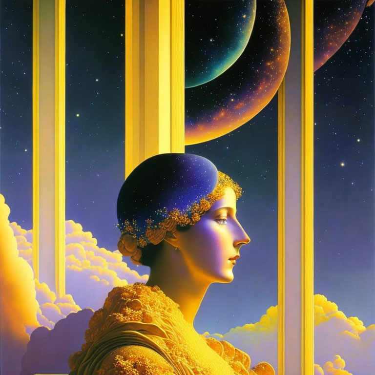 Woman in profile with starry night and planetary alignment, framed by golden pillars and clouds.