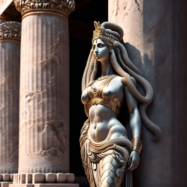 Serpent-coiled female figure statue amongst classical columns