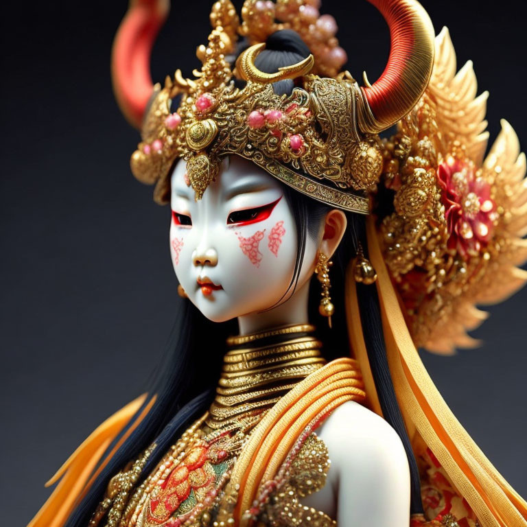 Traditional Asian makeup on ornate female figure with golden headdress and elaborate costume.