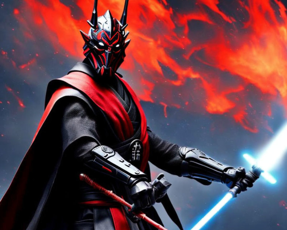 Stylized character in red and black armor with blue and red lightsaber against fiery cosmic backdrop