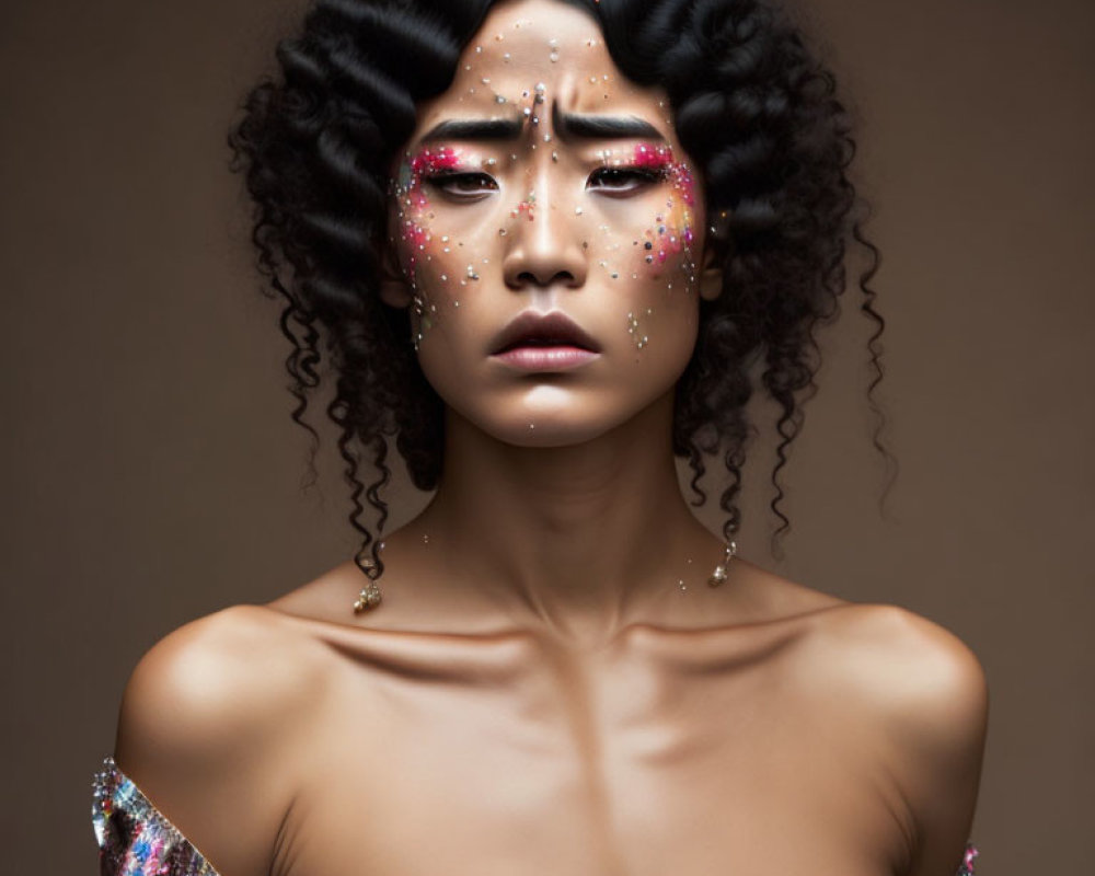 Creative makeup woman with glitter tears, wavy hair, and contemplative expression on brown backdrop