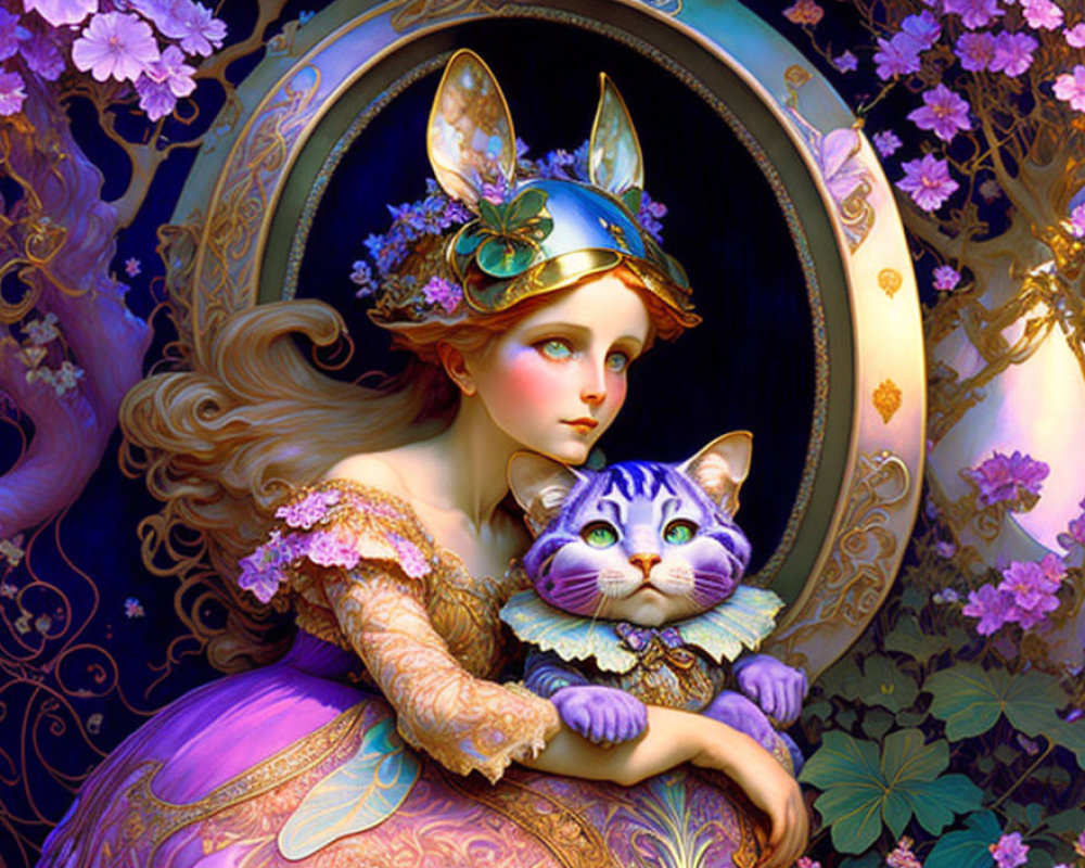 Illustration of girl and cat in Renaissance headwear with purple flowers