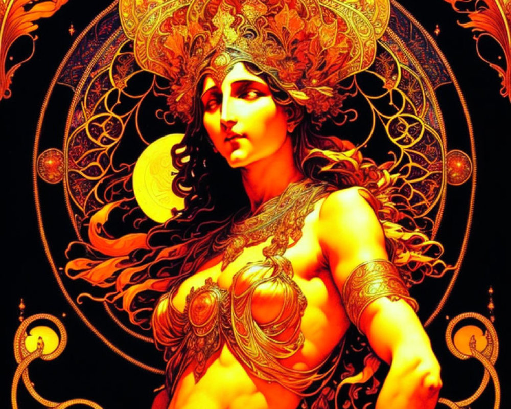 Detailed fiery woman illustration with ornate headgear and celestial backdrop