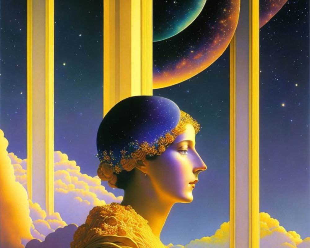 Woman in profile with starry night and planetary alignment, framed by golden pillars and clouds.