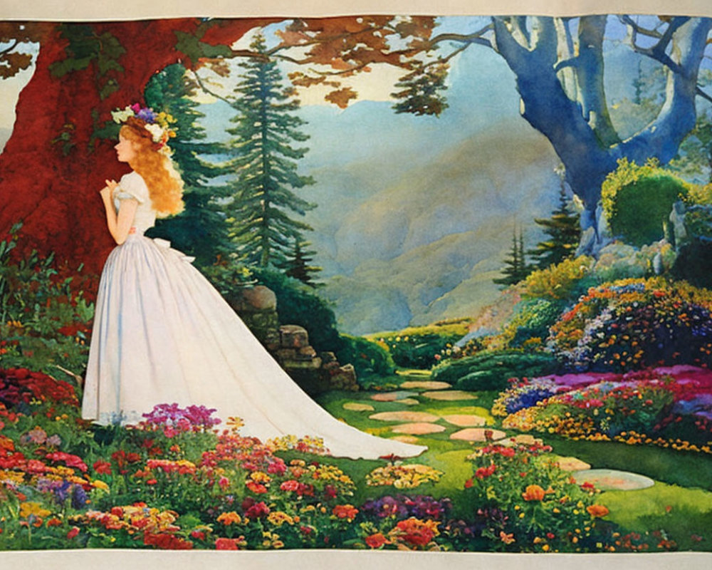 Woman in white dress by colorful flower path in lush garden with trees and mountains