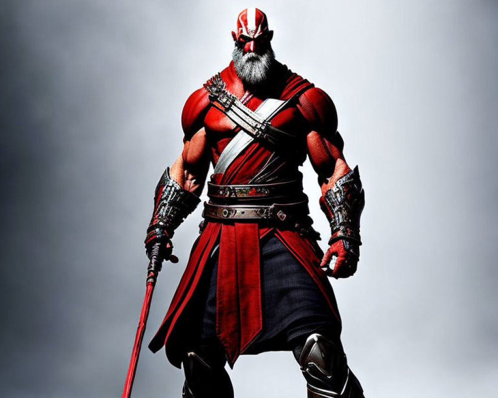 Bearded character in red cape and armor with staff on grey background