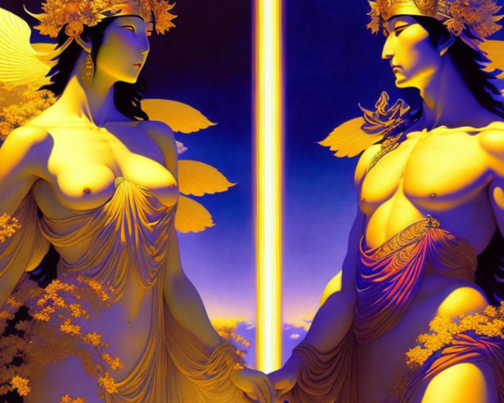 Golden headpieces on two female figures with a yellow pillar, set against a blue backdrop