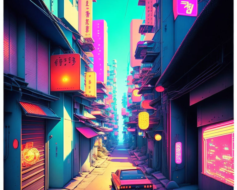 Neon-lit street at dusk with solitary car and Japanese architecture.