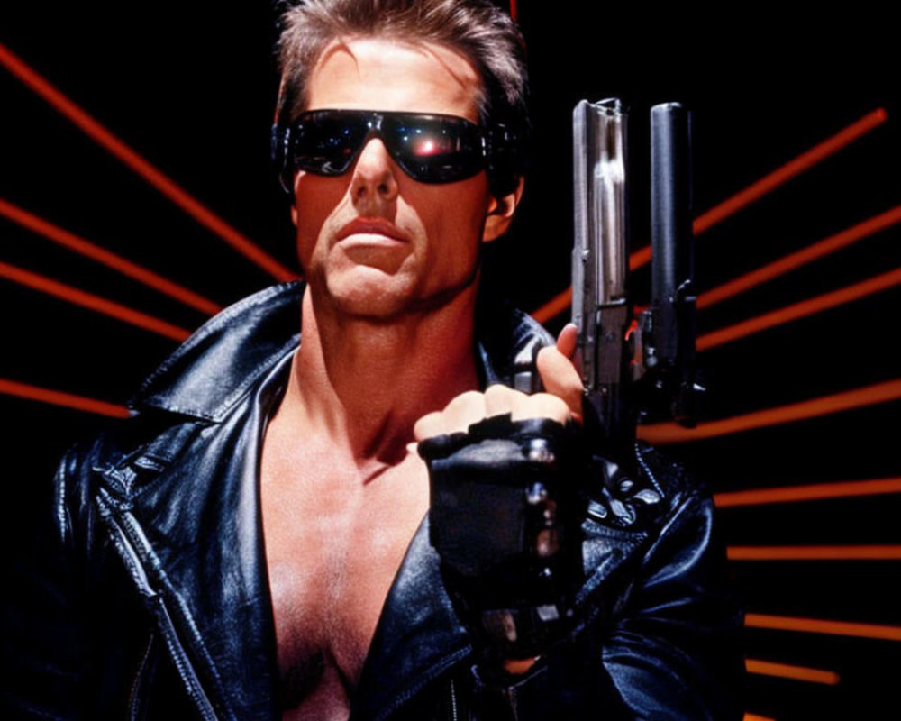 Man in sunglasses and leather jacket with gun and red laser lines.