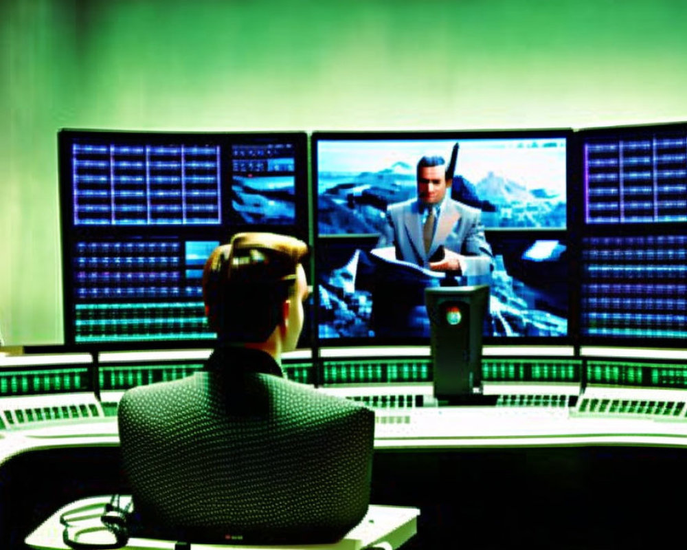 Control room presenter watched on large illuminated screens.