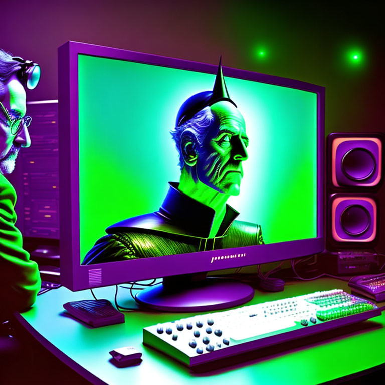 Man with glasses at computer viewing 3D character illustration