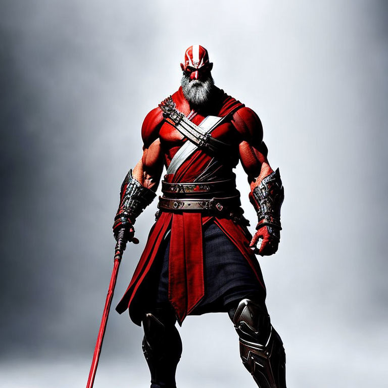 Bearded character in red cape and armor with staff on grey background