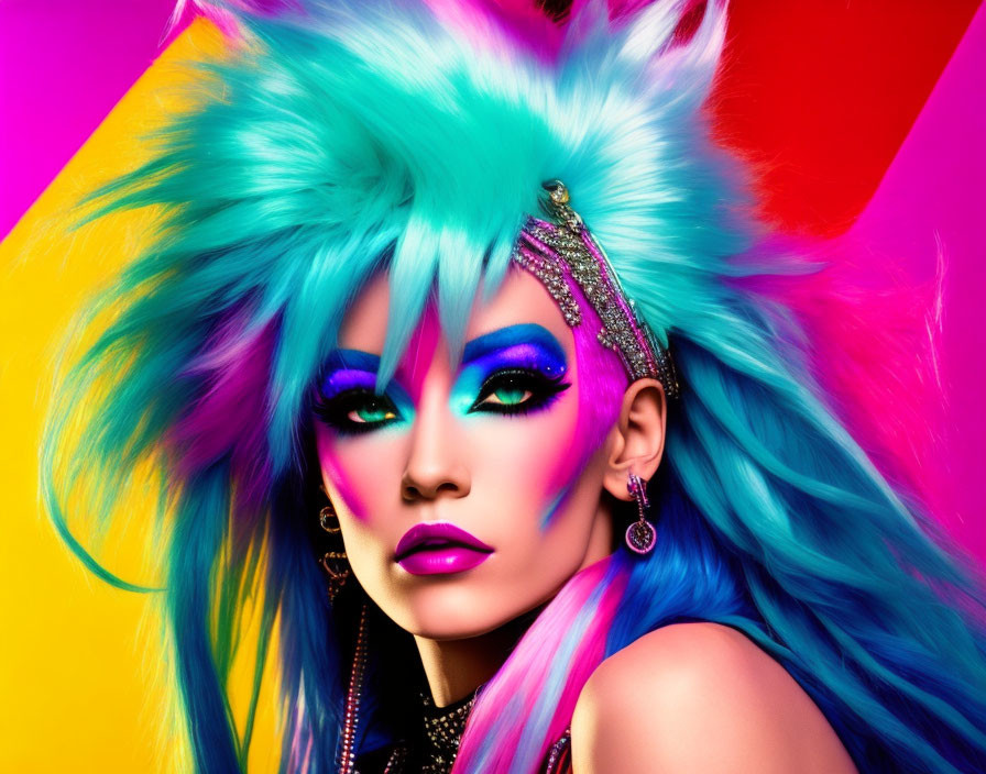 Colorful portrait of person with blue and pink hair, bold makeup, and jeweled headpiece on