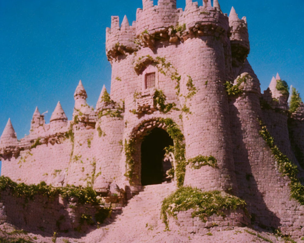 Ivy-covered stone castle with arched entrance and turrets under blue sky